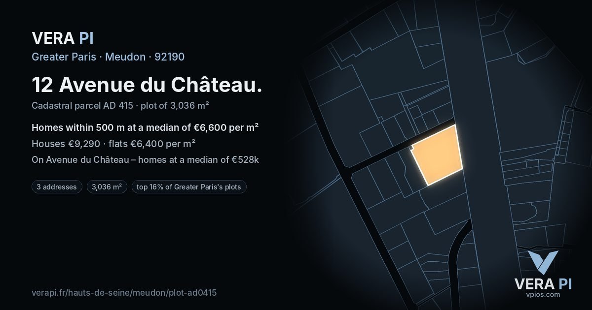 12 Avenue du Château, Meudon at night – the plot lit, the parcels around coloured by the prices near them