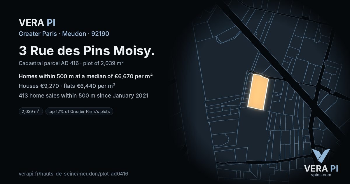 3 Rue des Pins Moisy, Meudon at night – the plot lit, the parcels around coloured by the prices near them