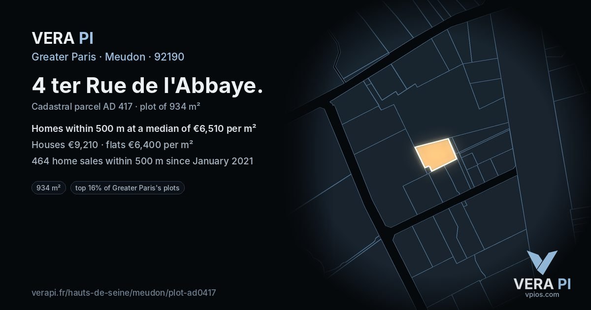 4 ter Rue de l'Abbaye, Meudon at night – the plot lit, the parcels around coloured by the prices near them