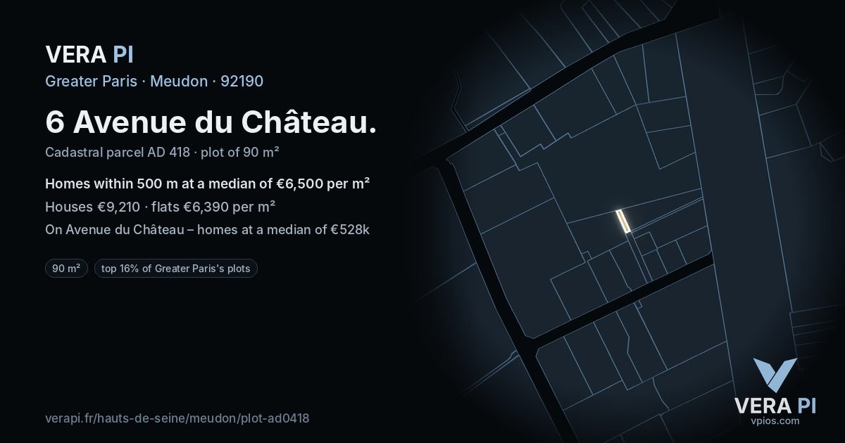 6 Avenue du Château, Meudon at night – the plot lit, the parcels around coloured by the prices near them