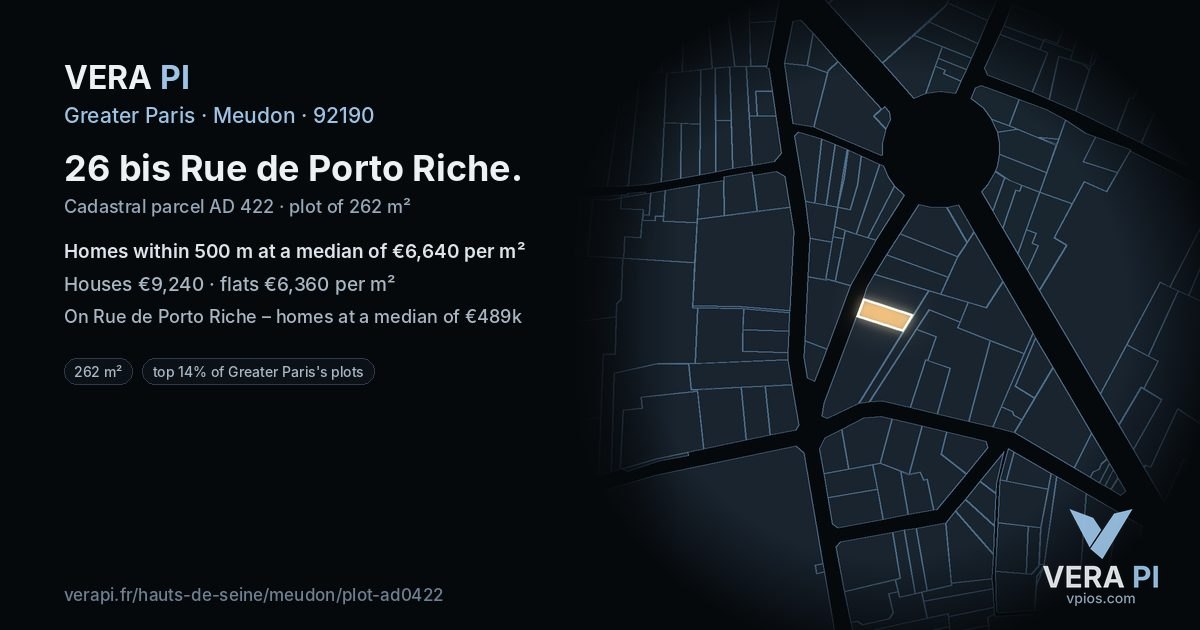 26 bis Rue de Porto Riche, Meudon at night – the plot lit, the parcels around coloured by the prices near them
