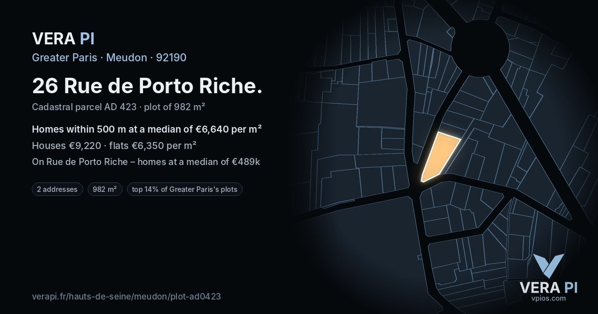 26 Rue de Porto Riche, Meudon at night – the plot lit, the parcels around coloured by the prices near them