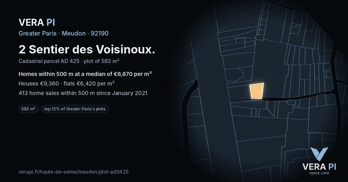 2 Sentier des Voisinoux, Meudon at night – the plot lit, the parcels around coloured by the prices near them