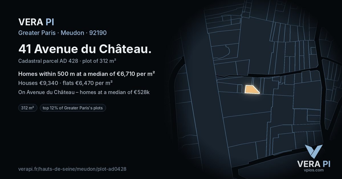 41 Avenue du Château, Meudon at night – the plot lit, the parcels around coloured by the prices near them
