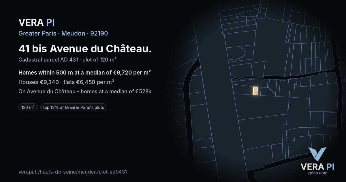 41 bis Avenue du Château, Meudon at night – the plot lit, the parcels around coloured by the prices near them