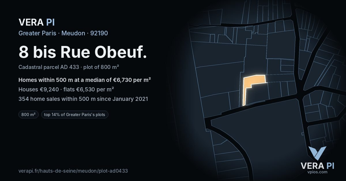 8 bis Rue Obeuf, Meudon at night – the plot lit, the parcels around coloured by the prices near them