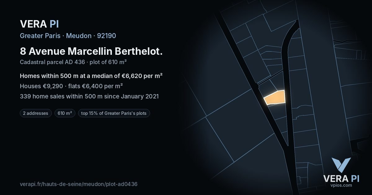 8 Avenue Marcellin Berthelot, Meudon at night – the plot lit, the parcels around coloured by the prices near them