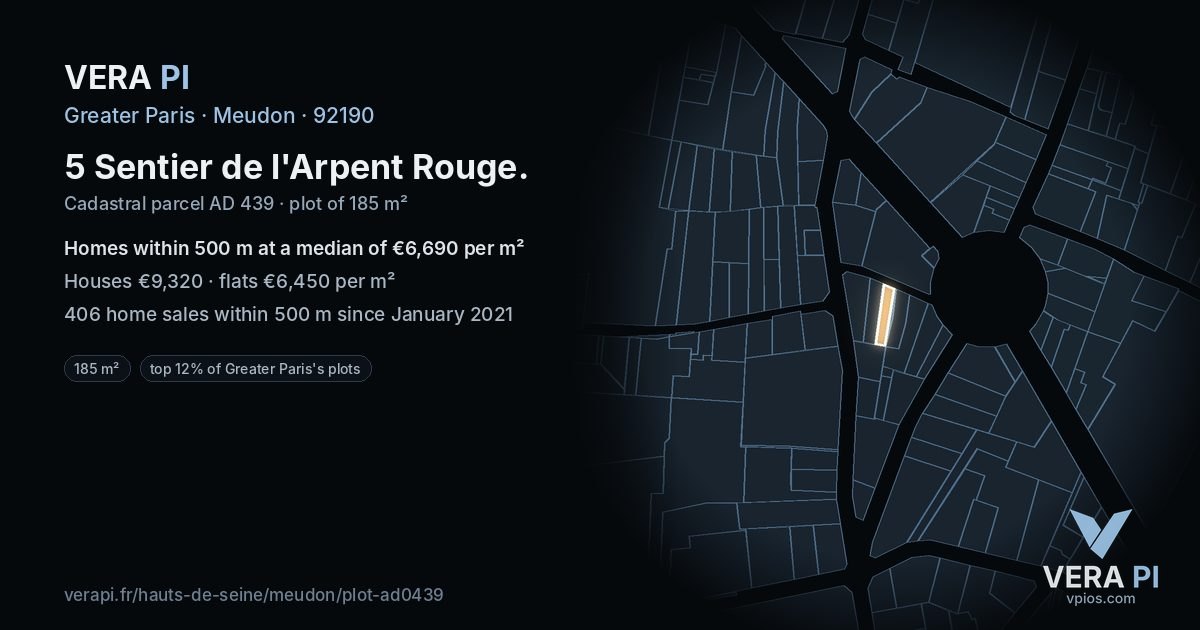 5 Sentier de l'Arpent Rouge, Meudon at night – the plot lit, the parcels around coloured by the prices near them