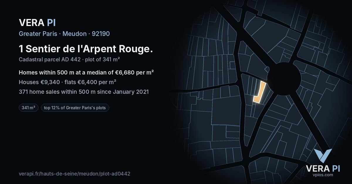 1 Sentier de l'Arpent Rouge, Meudon at night – the plot lit, the parcels around coloured by the prices near them