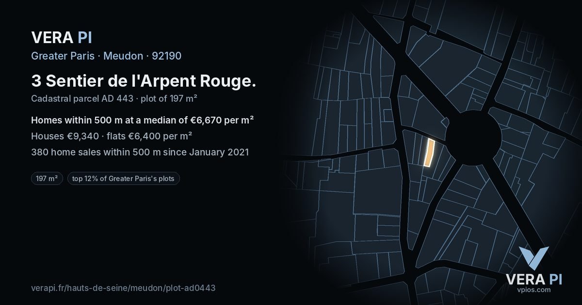 3 Sentier de l'Arpent Rouge, Meudon at night – the plot lit, the parcels around coloured by the prices near them