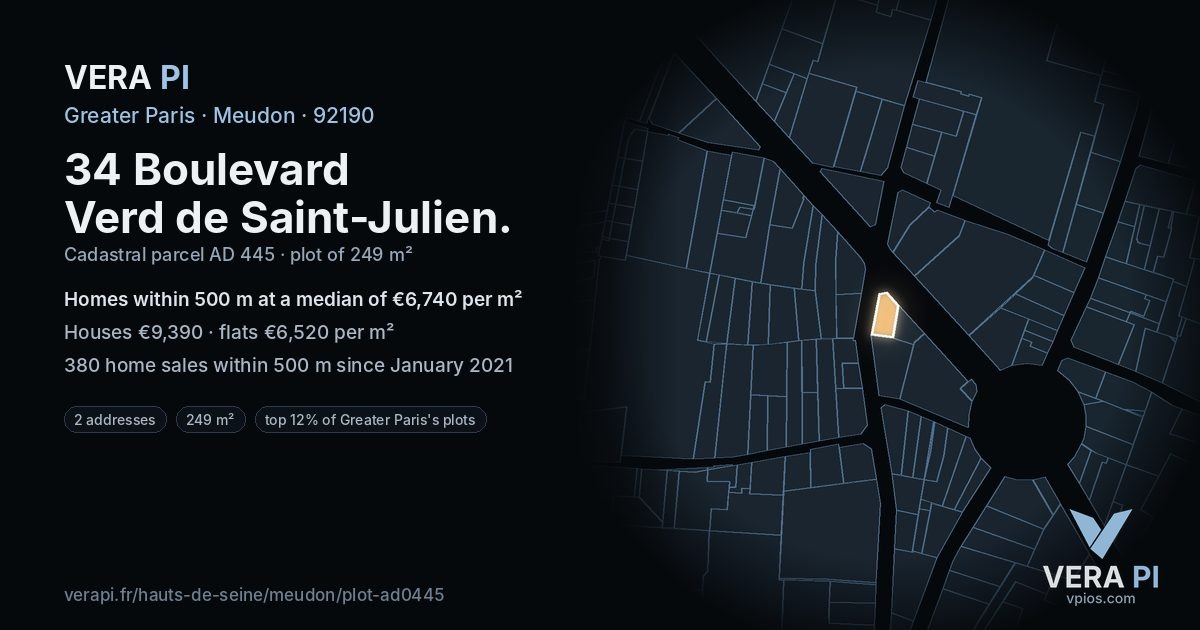 34 Boulevard Verd de Saint-Julien, Meudon at night – the plot lit, the parcels around coloured by the prices near them