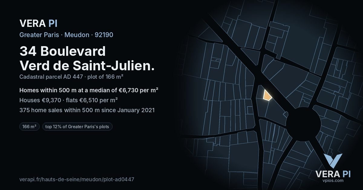 34 Boulevard Verd de Saint-Julien, Meudon at night – the plot lit, the parcels around coloured by the prices near them