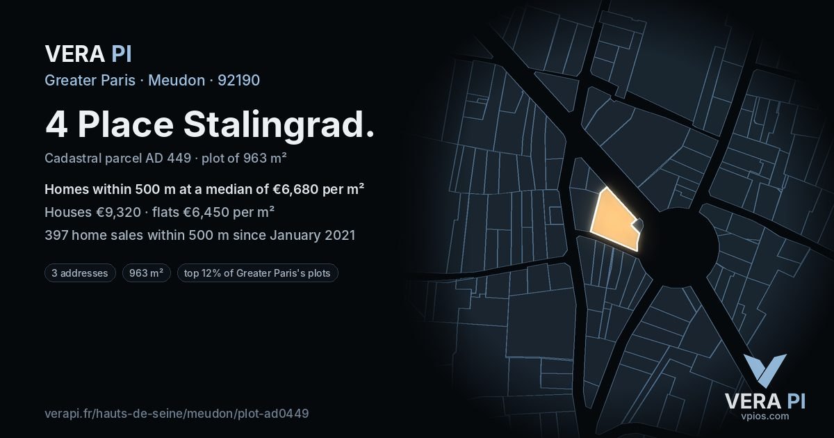 4 Place Stalingrad, Meudon at night – the plot lit, the parcels around coloured by the prices near them