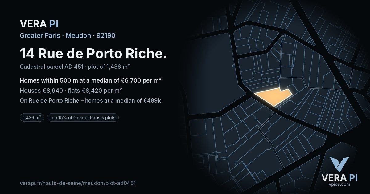 14 Rue de Porto Riche, Meudon at night – the plot lit, the parcels around coloured by the prices near them