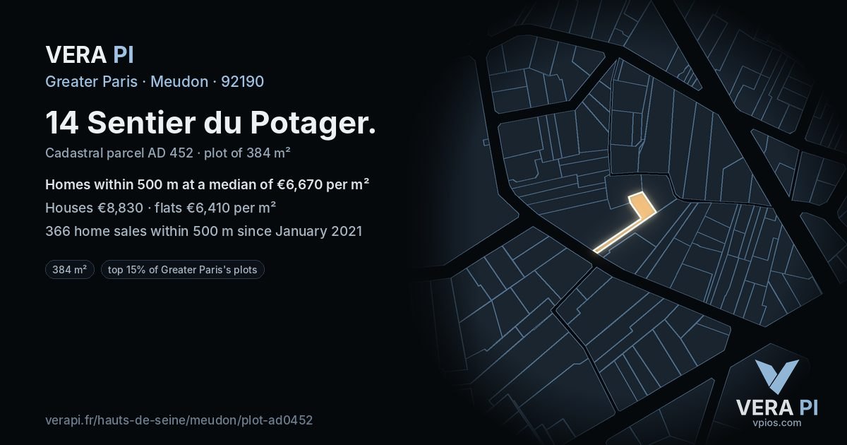 14 Sentier du Potager, Meudon at night – the plot lit, the parcels around coloured by the prices near them