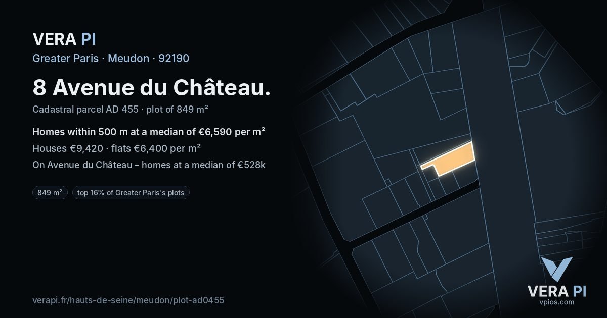 8 Avenue du Château, Meudon at night – the plot lit, the parcels around coloured by the prices near them