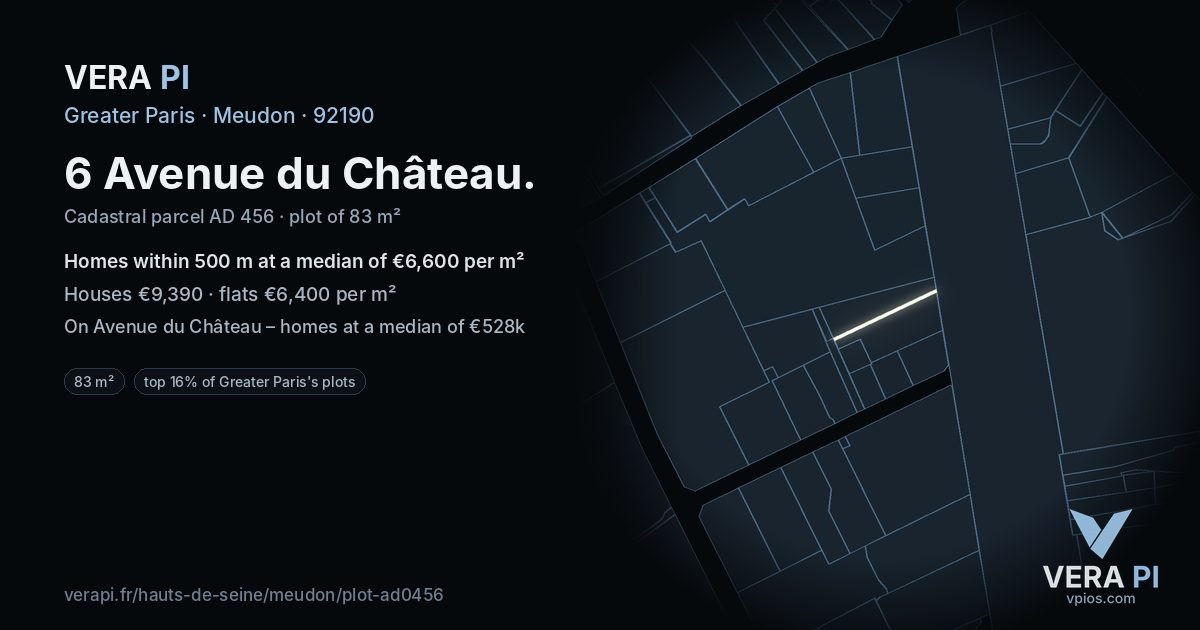 6 Avenue du Château, Meudon at night – the plot lit, the parcels around coloured by the prices near them