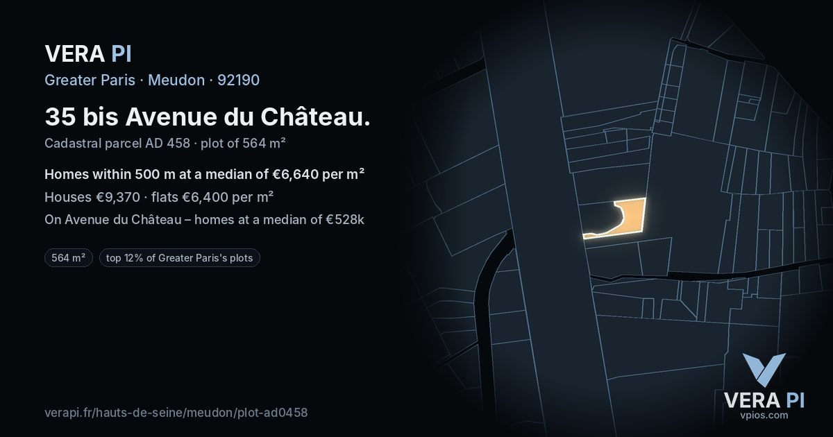 35 bis Avenue du Château, Meudon at night – the plot lit, the parcels around coloured by the prices near them