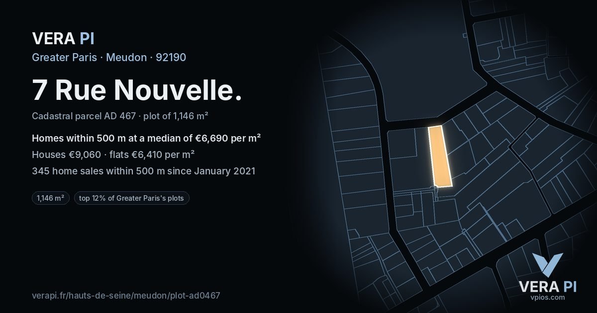 7 Rue Nouvelle, Meudon at night – the plot lit, the parcels around coloured by the prices near them