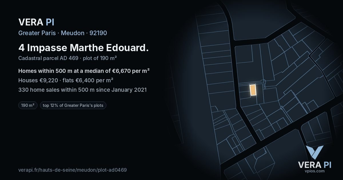 4 Impasse Marthe Edouard, Meudon at night – the plot lit, the parcels around coloured by the prices near them