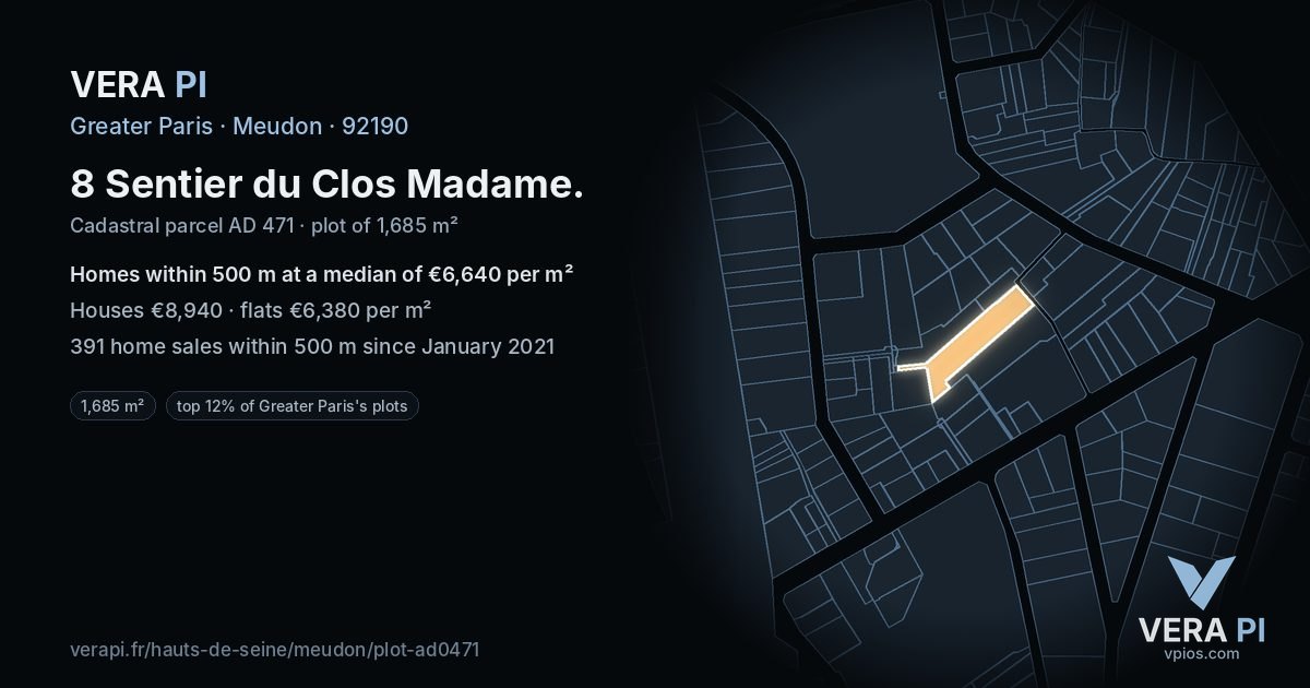 8 Sentier du Clos Madame, Meudon at night – the plot lit, the parcels around coloured by the prices near them