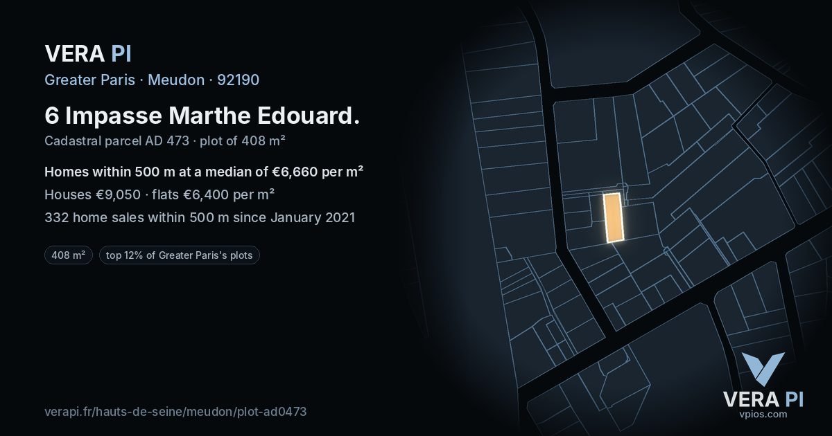 6 Impasse Marthe Edouard, Meudon at night – the plot lit, the parcels around coloured by the prices near them