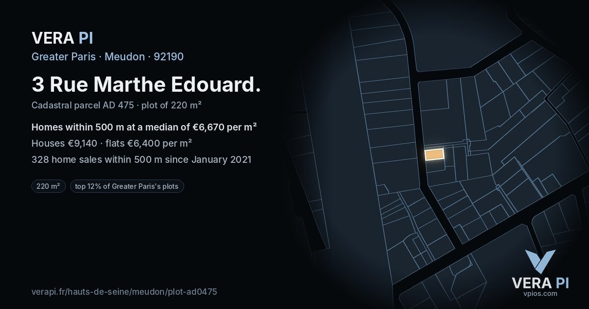 3 Rue Marthe Edouard, Meudon at night – the plot lit, the parcels around coloured by the prices near them