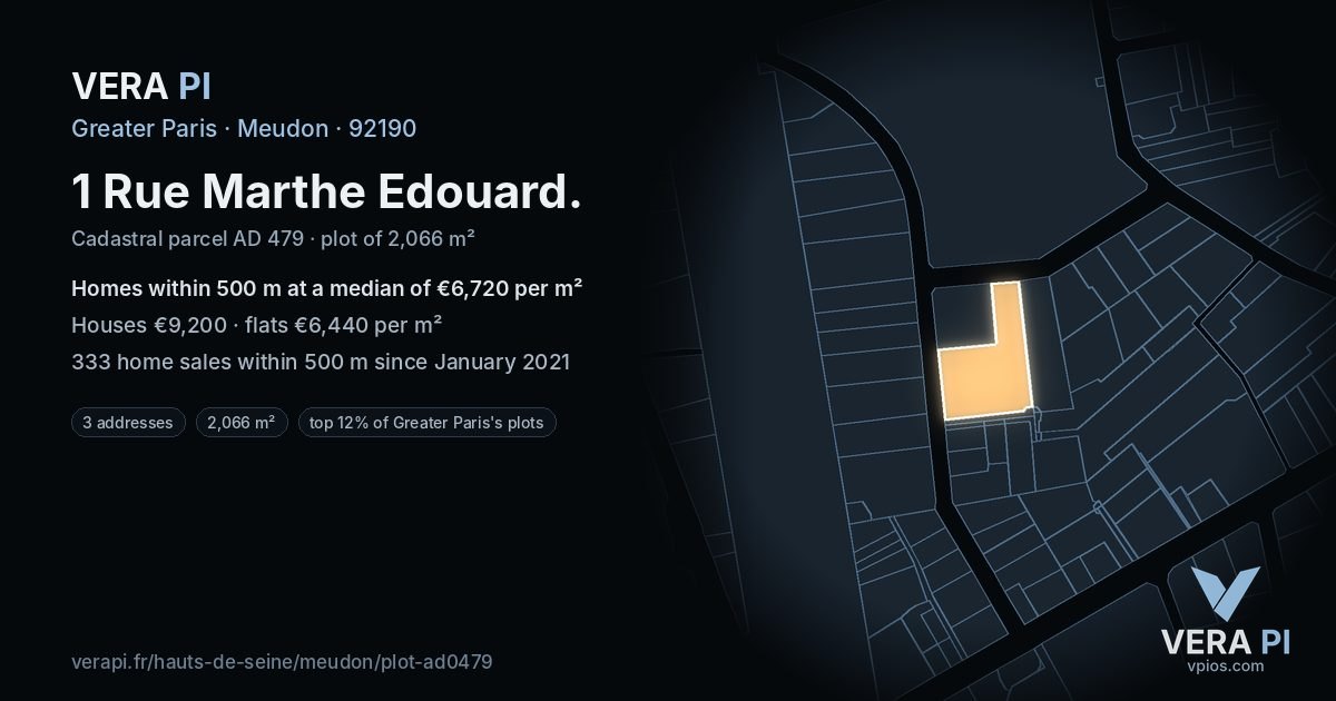 1 Rue Marthe Edouard, Meudon at night – the plot lit, the parcels around coloured by the prices near them