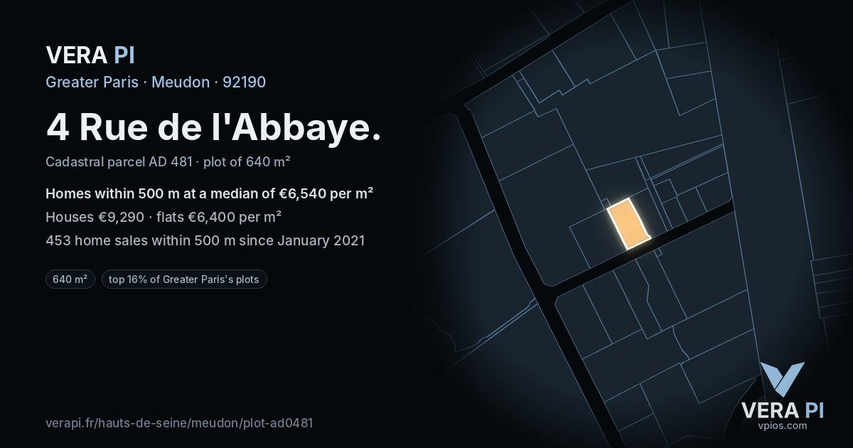 4 Rue de l'Abbaye, Meudon at night – the plot lit, the parcels around coloured by the prices near them