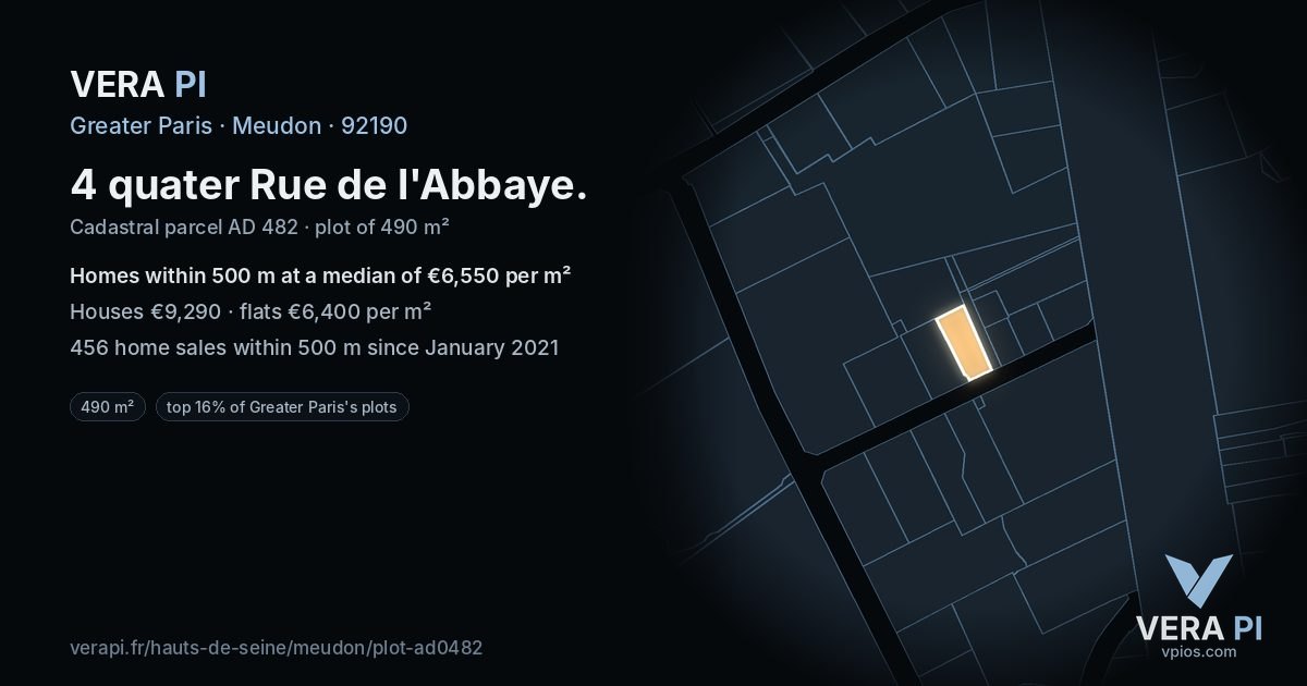 4 quater Rue de l'Abbaye, Meudon at night – the plot lit, the parcels around coloured by the prices near them