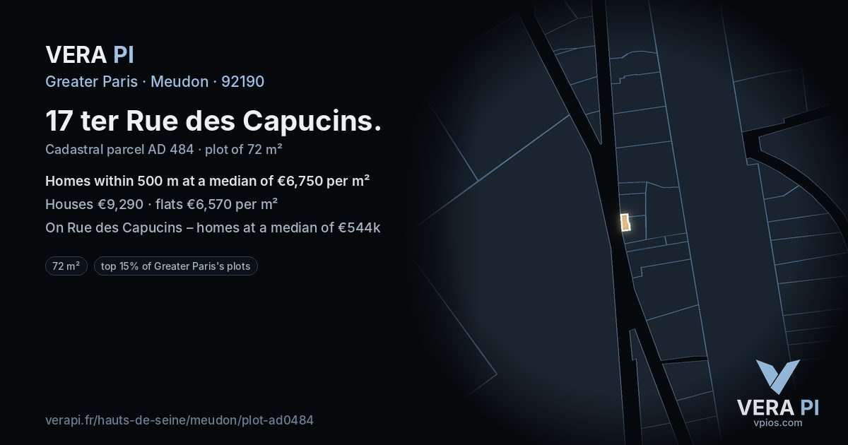 17 ter Rue des Capucins, Meudon at night – the plot lit, the parcels around coloured by the prices near them