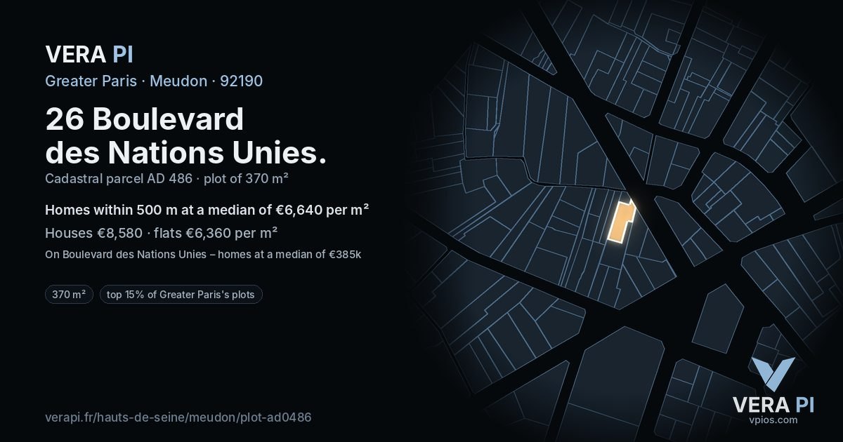 26 Boulevard des Nations Unies, Meudon at night – the plot lit, the parcels around coloured by the prices near them