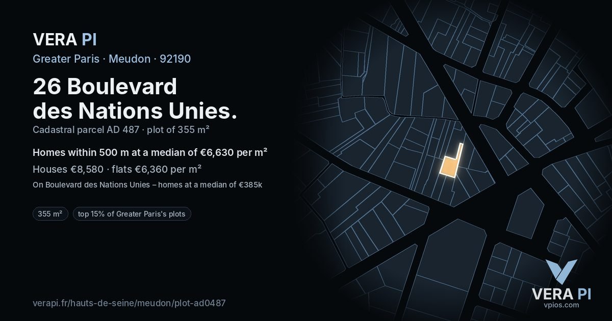 26 Boulevard des Nations Unies, Meudon at night – the plot lit, the parcels around coloured by the prices near them