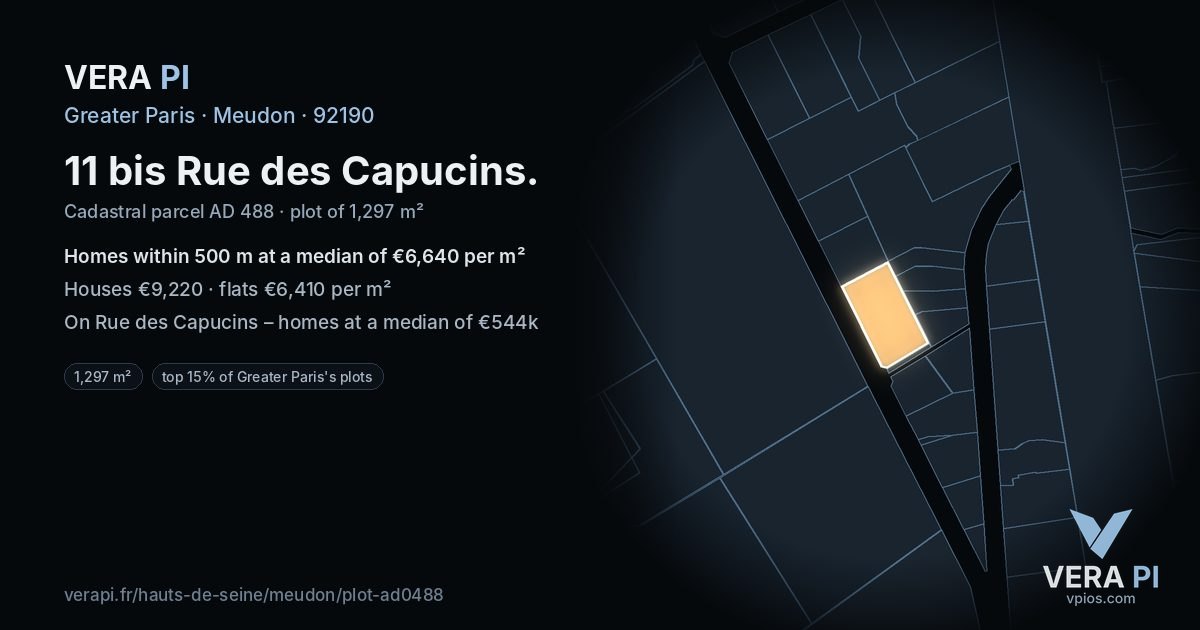 11 bis Rue des Capucins, Meudon at night – the plot lit, the parcels around coloured by the prices near them