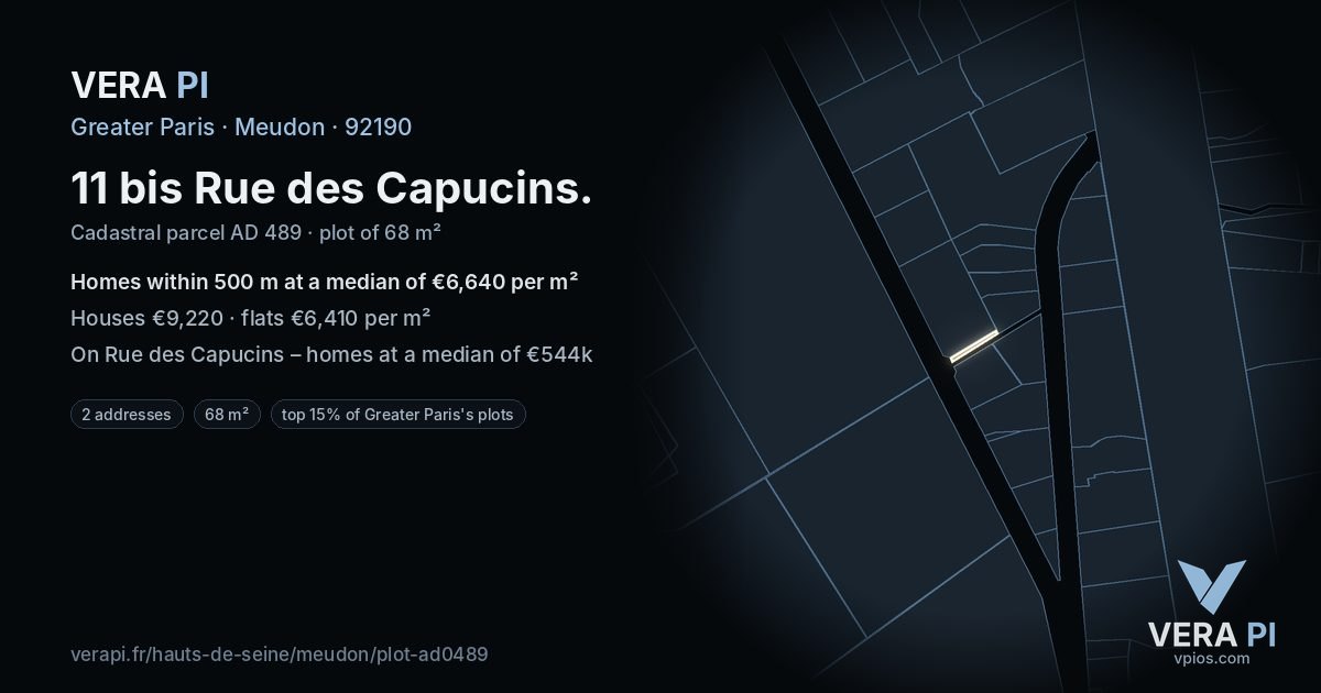 11 bis Rue des Capucins, Meudon at night – the plot lit, the parcels around coloured by the prices near them