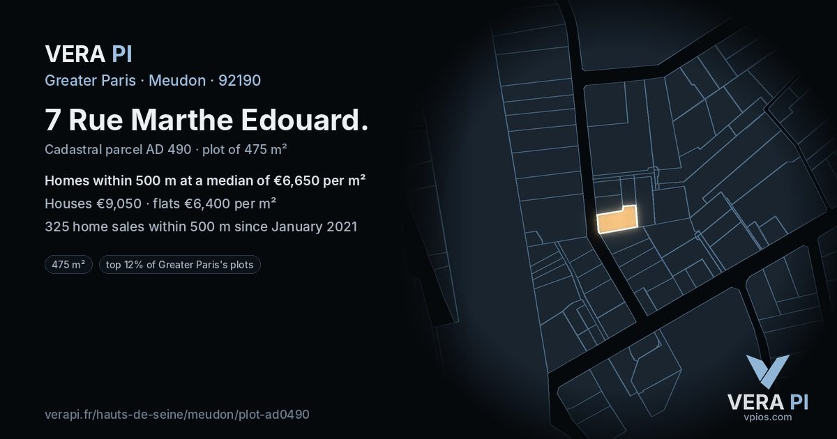 7 Rue Marthe Edouard, Meudon at night – the plot lit, the parcels around coloured by the prices near them