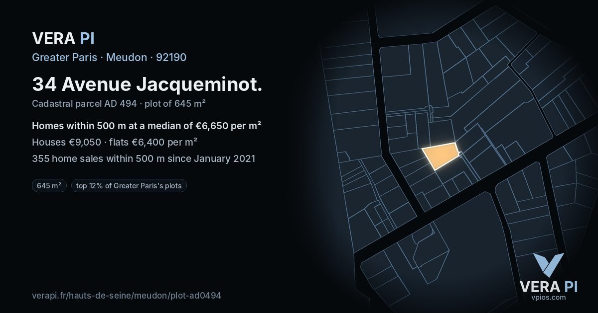 34 Avenue Jacqueminot, Meudon at night – the plot lit, the parcels around coloured by the prices near them