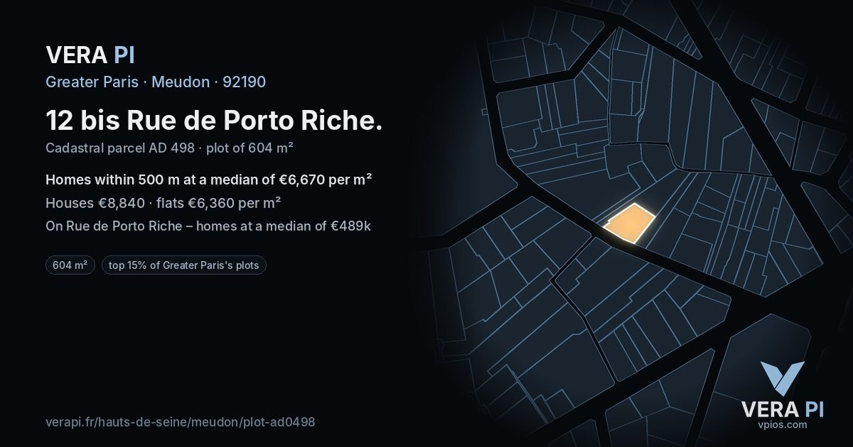12 bis Rue de Porto Riche, Meudon at night – the plot lit, the parcels around coloured by the prices near them
