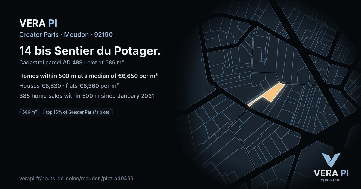 14 bis Sentier du Potager, Meudon at night – the plot lit, the parcels around coloured by the prices near them