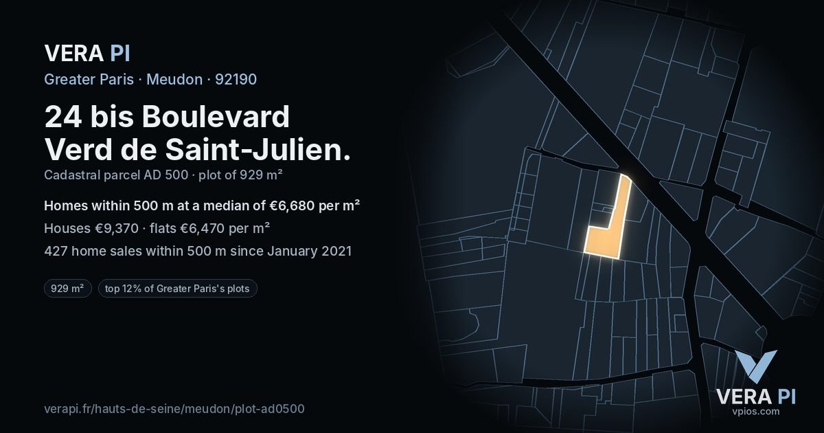 24 bis Boulevard Verd de Saint-Julien, Meudon at night – the plot lit, the parcels around coloured by the prices near them