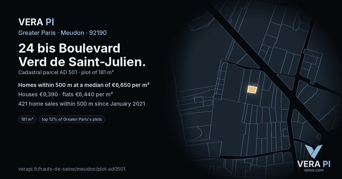 24 bis Boulevard Verd de Saint-Julien, Meudon at night – the plot lit, the parcels around coloured by the prices near them
