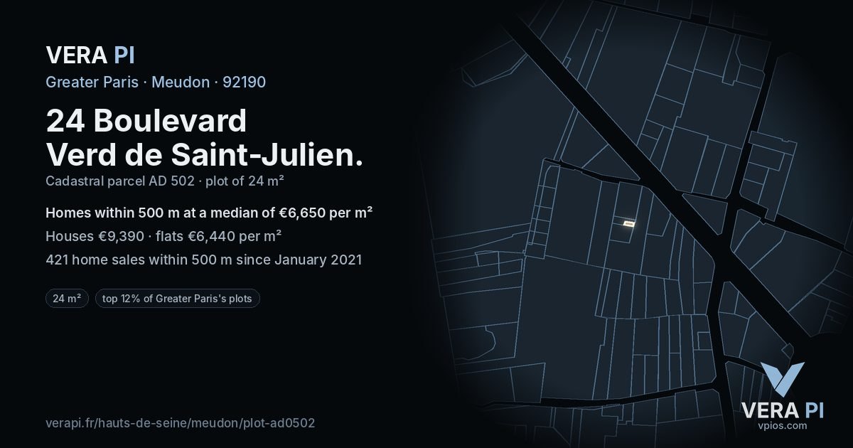 24 Boulevard Verd de Saint-Julien, Meudon at night – the plot lit, the parcels around coloured by the prices near them