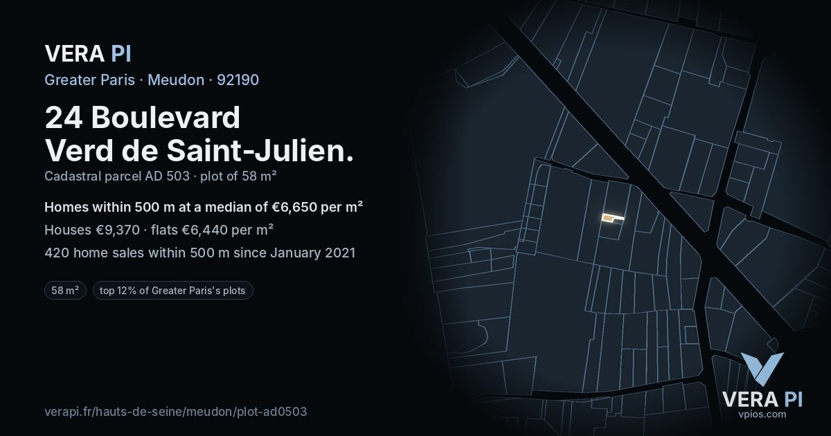 24 Boulevard Verd de Saint-Julien, Meudon at night – the plot lit, the parcels around coloured by the prices near them