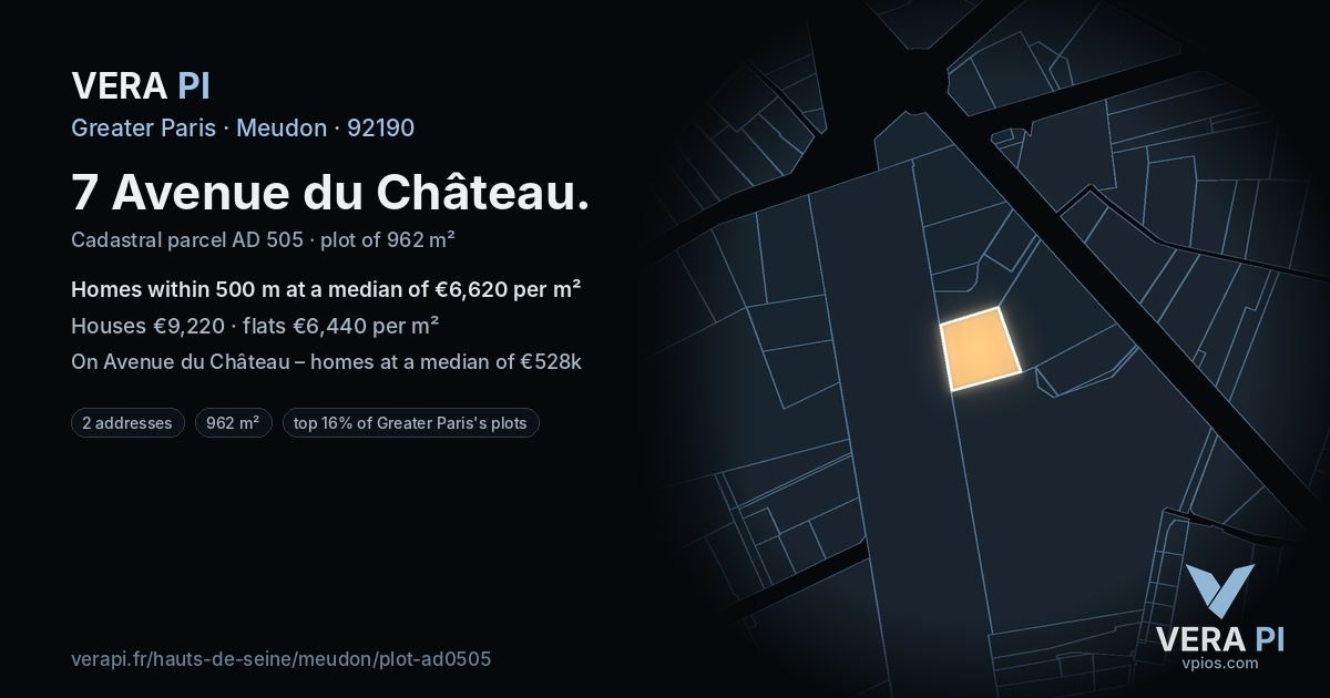 7 Avenue du Château, Meudon at night – the plot lit, the parcels around coloured by the prices near them
