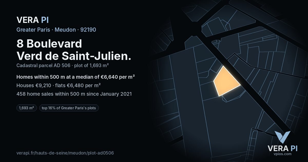 8 Boulevard Verd de Saint-Julien, Meudon at night – the plot lit, the parcels around coloured by the prices near them