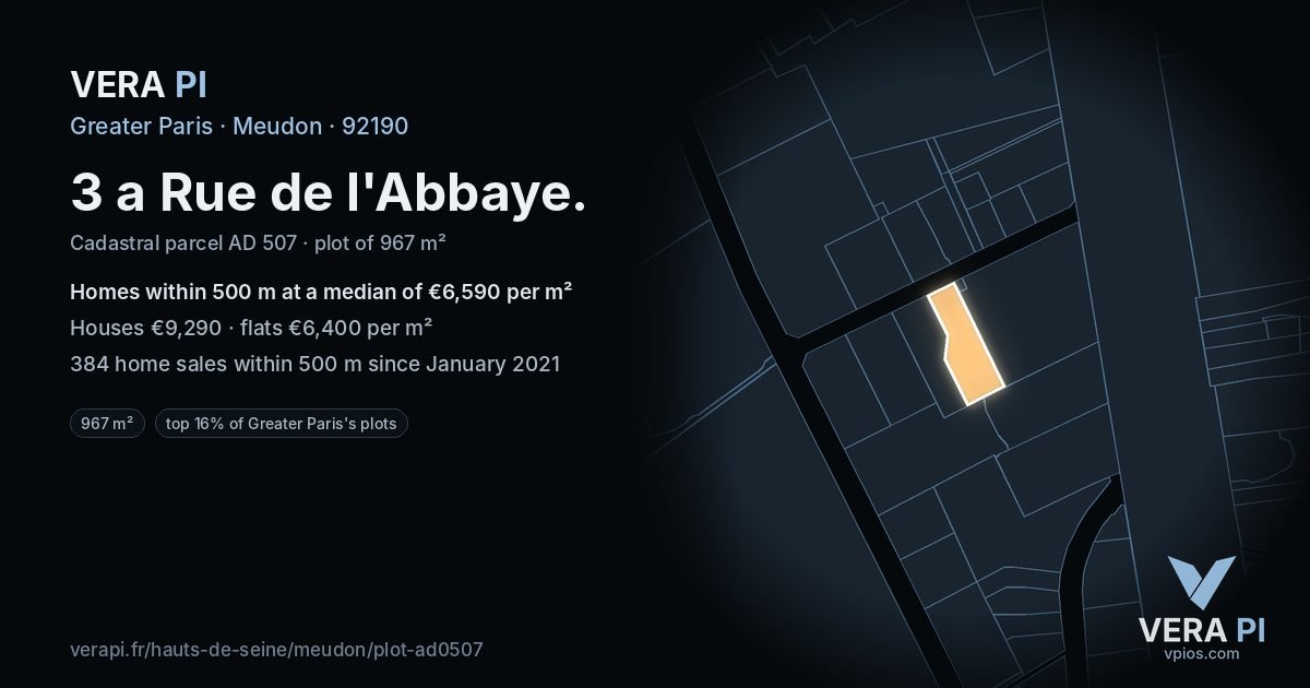 3 a Rue de l'Abbaye, Meudon at night – the plot lit, the parcels around coloured by the prices near them