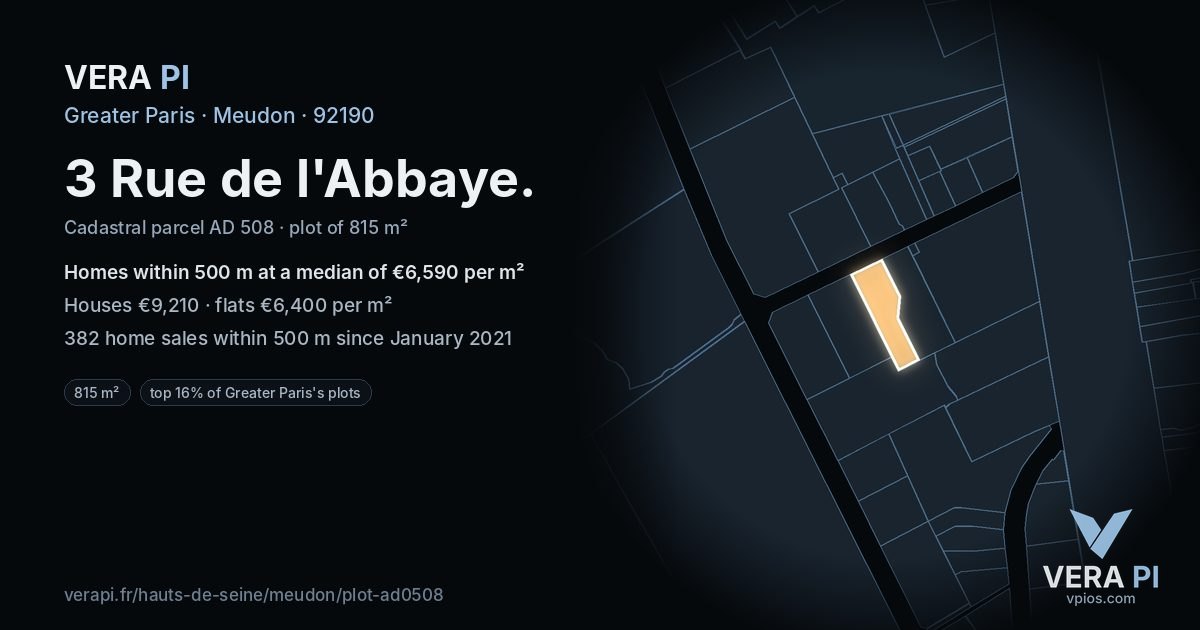 3 Rue de l'Abbaye, Meudon at night – the plot lit, the parcels around coloured by the prices near them