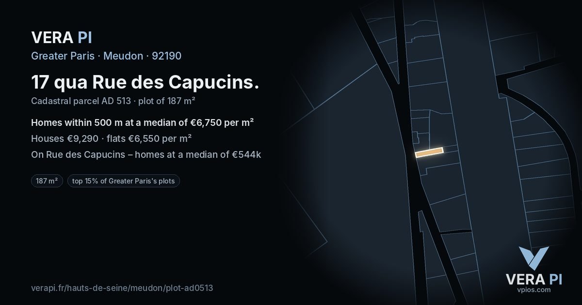 17 qua Rue des Capucins, Meudon at night – the plot lit, the parcels around coloured by the prices near them