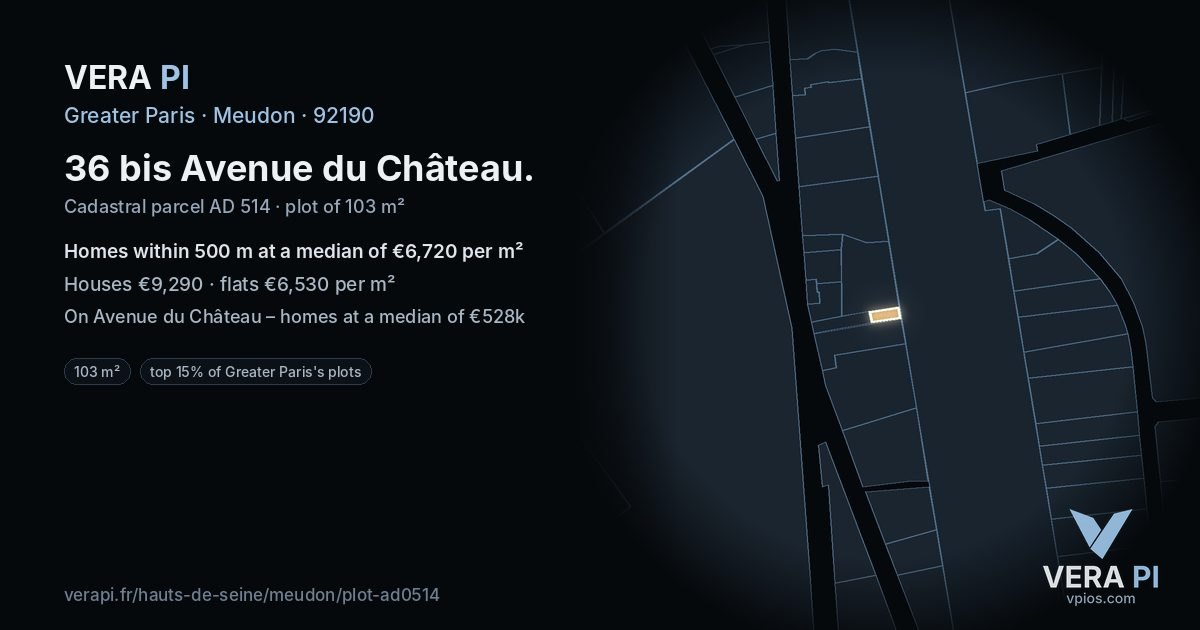 36 bis Avenue du Château, Meudon at night – the plot lit, the parcels around coloured by the prices near them