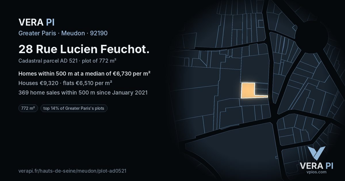 28 Rue Lucien Feuchot, Meudon at night – the plot lit, the parcels around coloured by the prices near them